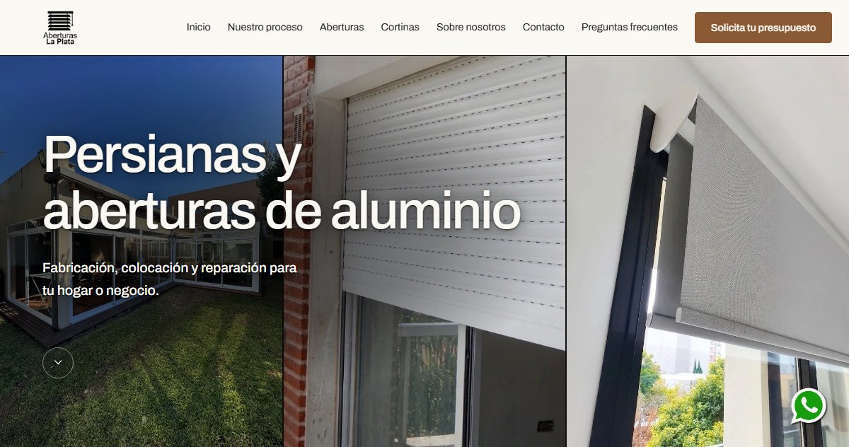 Inicio del sitio de Aberturas La Plata con el titular «Persianas y aberturas de aluminio» sobre fotos de persianas y cortinas.