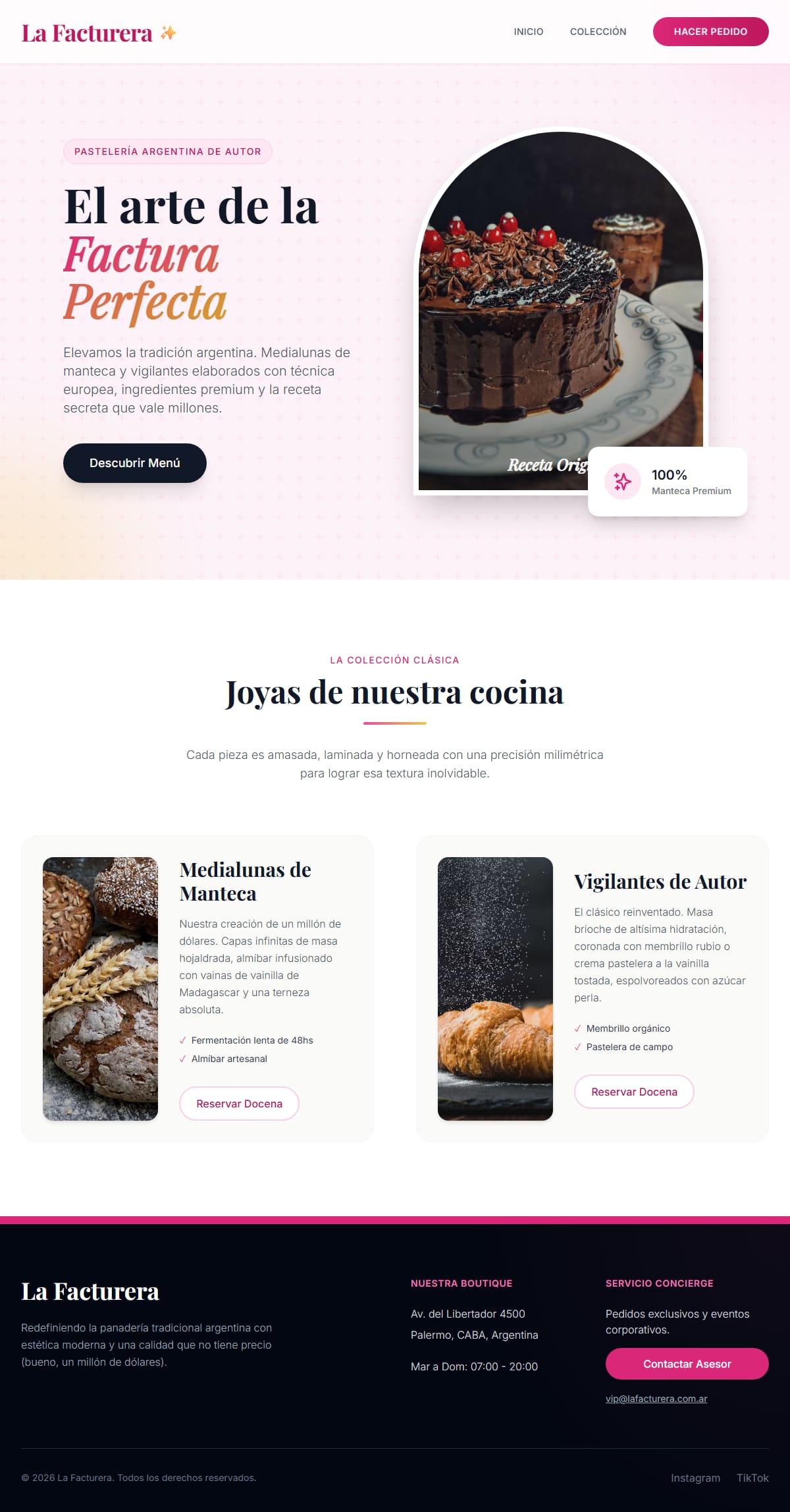 Landing genérica de La Facturera completa: el titular «El arte de la Factura Perfecta» con la foto de una torta de chocolate, dos productos y el pie con los datos de contacto.