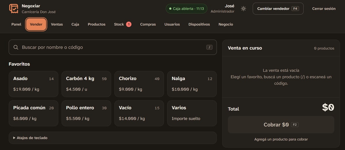 Pantalla Vender de Negoxiar con datos de muestra de una carnicería: productos favoritos con su precio, la venta en curso vacía y el botón Cobrar.